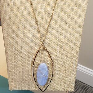 Gold tone, purple stone, wire wrapped long pendant necklace, NWOT